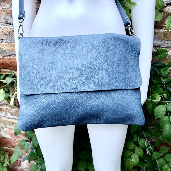 Blue - gray  soft leather bag in blue. Genuine leather. Blue shoulder /crossbody / messenger bag with flap,  zipper and adjustable strap