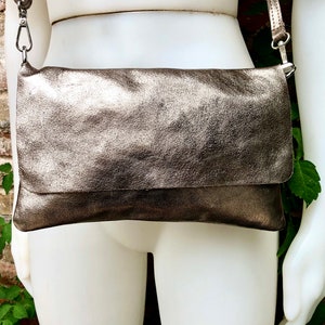 Small leather bag in BRONZE. Cross body bag, shoulder bag in GENUINE  leather. Metallic shine bag with adjustable strap,  zipper and flap.