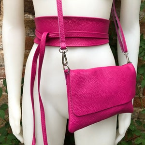 Pink genuine leather bag and obi belt. Soft natural leather shoulder or crossbody bag and belt set. Wraparound waist belt + small  party bag