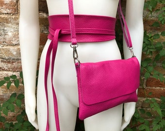 Pink genuine leather bag and obi belt. Soft natural leather shoulder or crossbody bag and belt set. Wraparound waist belt + small  party bag