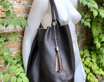 Brown tote leather bag. Chocolate brown GENUINE leather shopper. Large carry all shoulder bag for your laptop, books... Dark brown purse