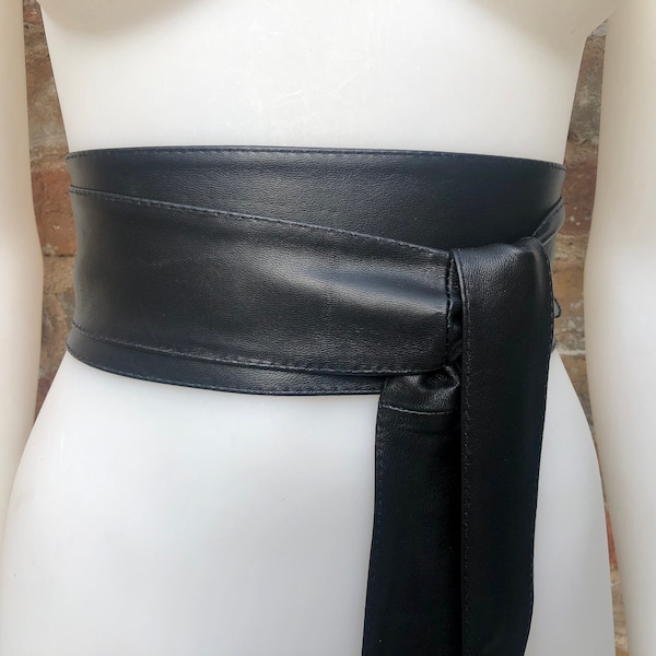 BLACK obi belt. Wrap belt in soft genuine leather. Wraparound waist belt. Wide style. Boho dress belt in soft black leather