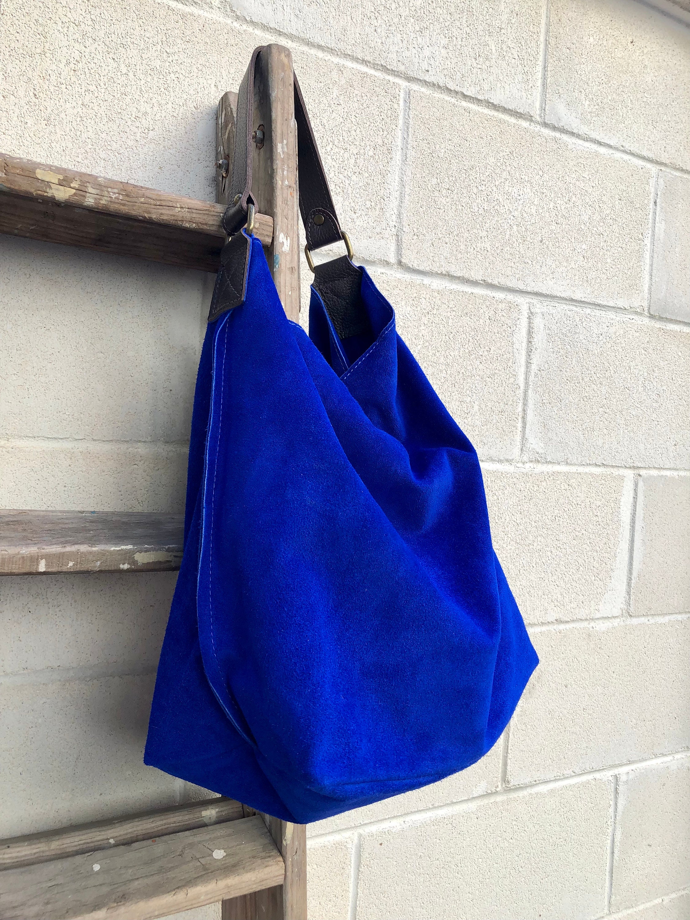 Slouch leather bag in cobalt blue suede. Genuine leather shoulder bag. –  Handmade suede bags by Good Times Barcelona