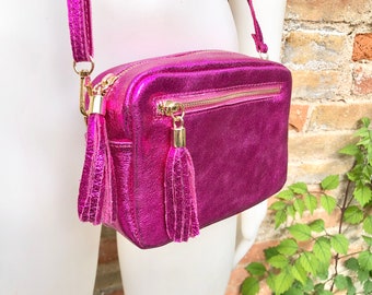 Small hot pink leather bag. GENUINE leather shoulder / cross body bag. Fuchsia metallic leather purse. Tassels, adjustable strap + zipper