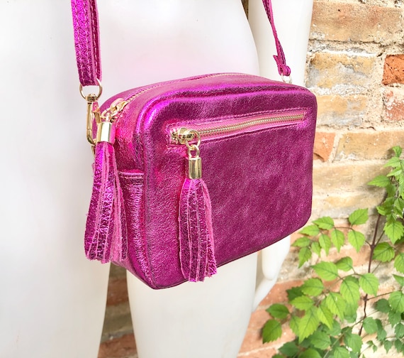 Small Leather Bag in Fuchsia Pink. Cross Body Shoulder Bag or 