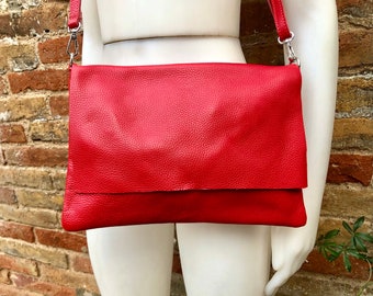 RED genuine leather bag. Cross body / shoulder bag. Adjustable strap, zipper+ flap. LARGER STYLE. Red leather messenger. Red leather purse