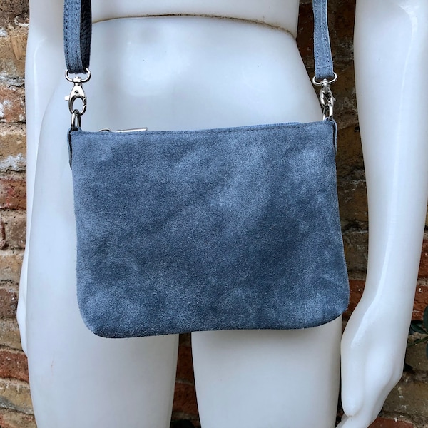 Suede leather bag in blue -gray. Cross body bag, shoulder bag in GENUINE  leather. Denim blue smalll leather bag. Adjustable strap. + zipper