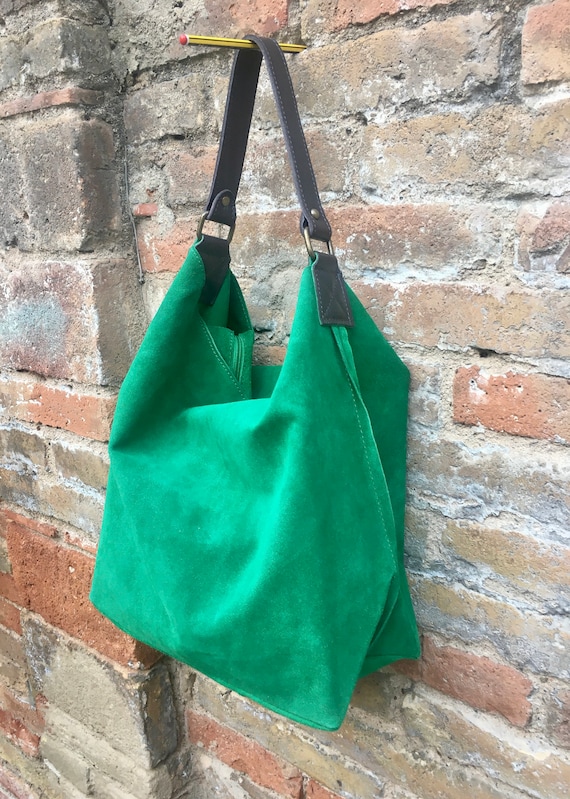 Suede Shoulder Bag Green Leather Shopper Bag Slouch Bag 