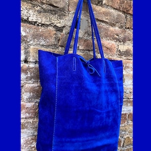 ROYAL  blue TOTE leather bag. Soft natural genuine suede leather. Cobalt blue suede shopper for your laptop, tablet, books. Blue suede purse