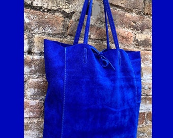 ROYAL  blue TOTE leather bag. Soft natural genuine suede leather. Cobalt blue suede shopper for your laptop, tablet, books. Blue suede purse