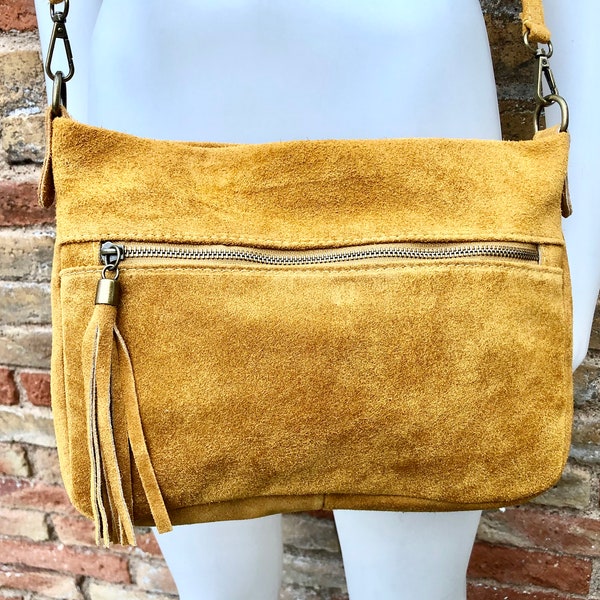 BOHO  suede leather bag in MUSTARD YELLOW. Cross body  bag, leather bag, boho bag, messenger suede bag. Soft natural leather bag with tassel