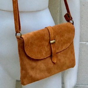 Suede leather bag in  CAMEL BROWN. Tobacco color crossbody bag in GENUINE  leather. Small leather bag with adjustable strap and zipper.