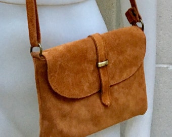 Suede leather bag in  CAMEL BROWN. Tobacco color crossbody bag in GENUINE  leather. Small leather bag with adjustable strap and zipper.