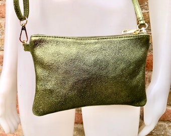 Small leather bag in METALLIC GREEN .Cross body, shoulder bag or wristlet in GENUINE leather. Green leather purse + adjustable strap