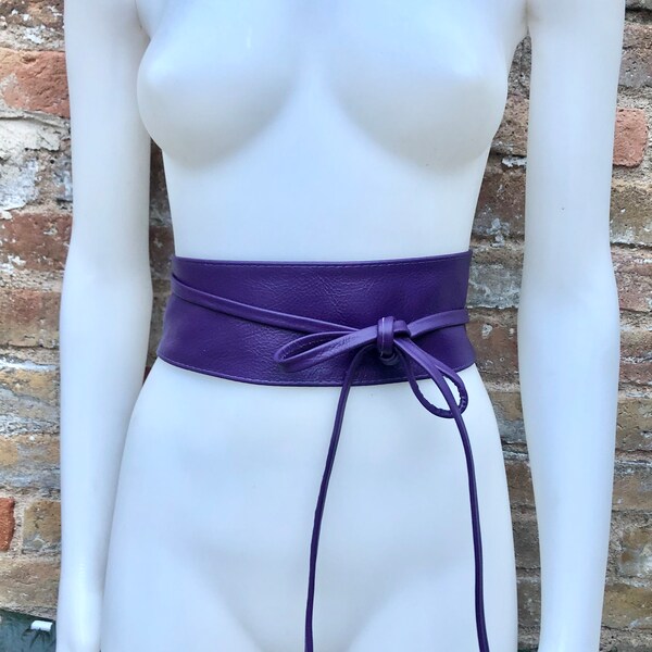 Purple obi belt in soft genuine leather. LONGER option. Wrap belt in mauve. Wraparound waist  belt in medium purple  leather.