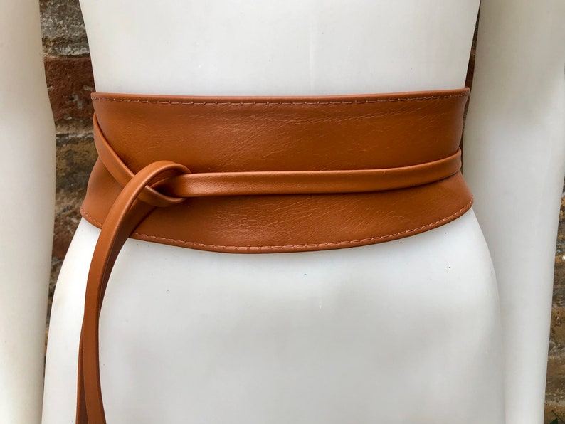 Obi belt in soft leather. Wrap belt in CAMEL BROWN. Waist belt in TOBACCO. Wraparound belt in brown genuine leather. Boho tan wide belt. image 1