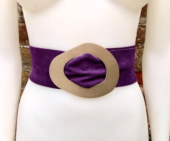 PURPLE Suede Leather Waist Belt With Gold Color Large Buckle  display picture 1