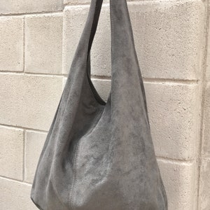 Slouch bag with ZIPPER.Large TOTE leather bag in GRAY. Soft natural suede genuine leather hobo bag. Bohemian bag. Grey suede bag.