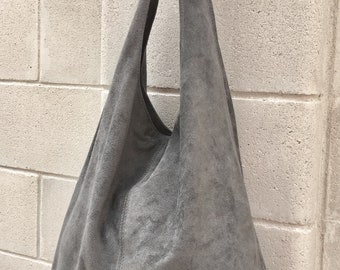 Bolso Slouch con CREMALLERA. Bolso TOTE grande de piel en color GRIS. Bolso hobo de piel auténtica de ante natural suave. Bolso bohemio. Bolso de ante gris.