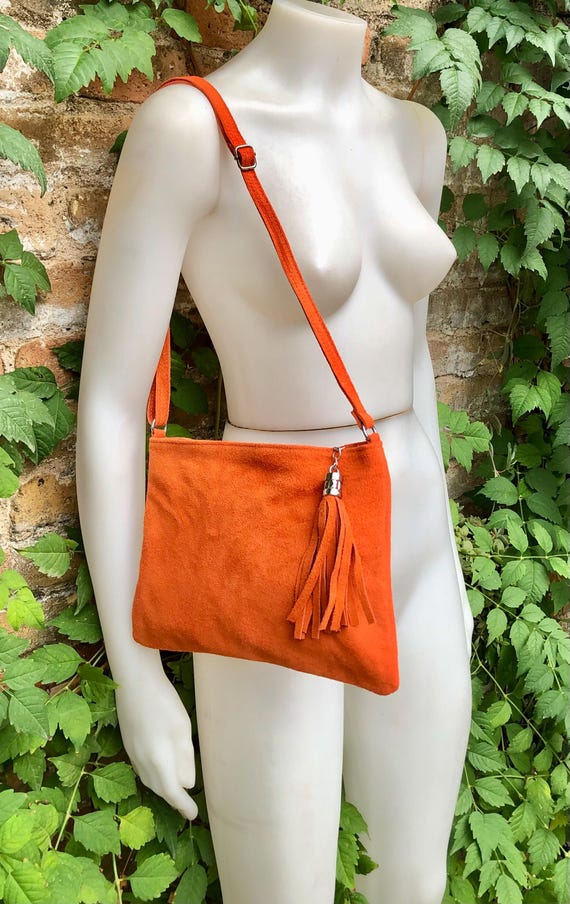 Orange Suede Leather Bag. GENUINE Leather Small Crossbody