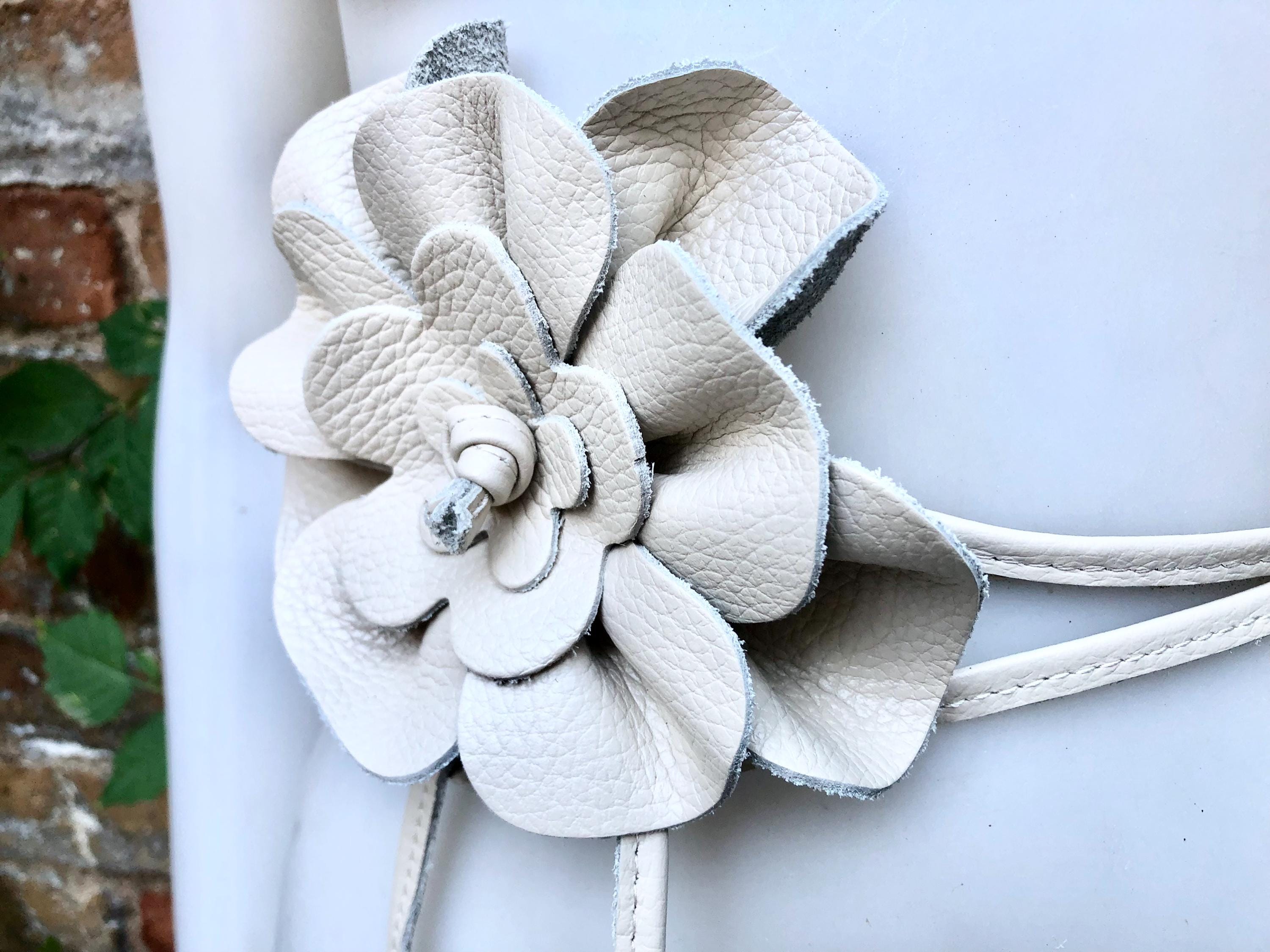 Flower Leather Belt in Cream Color. Waist, Overall or Dress 