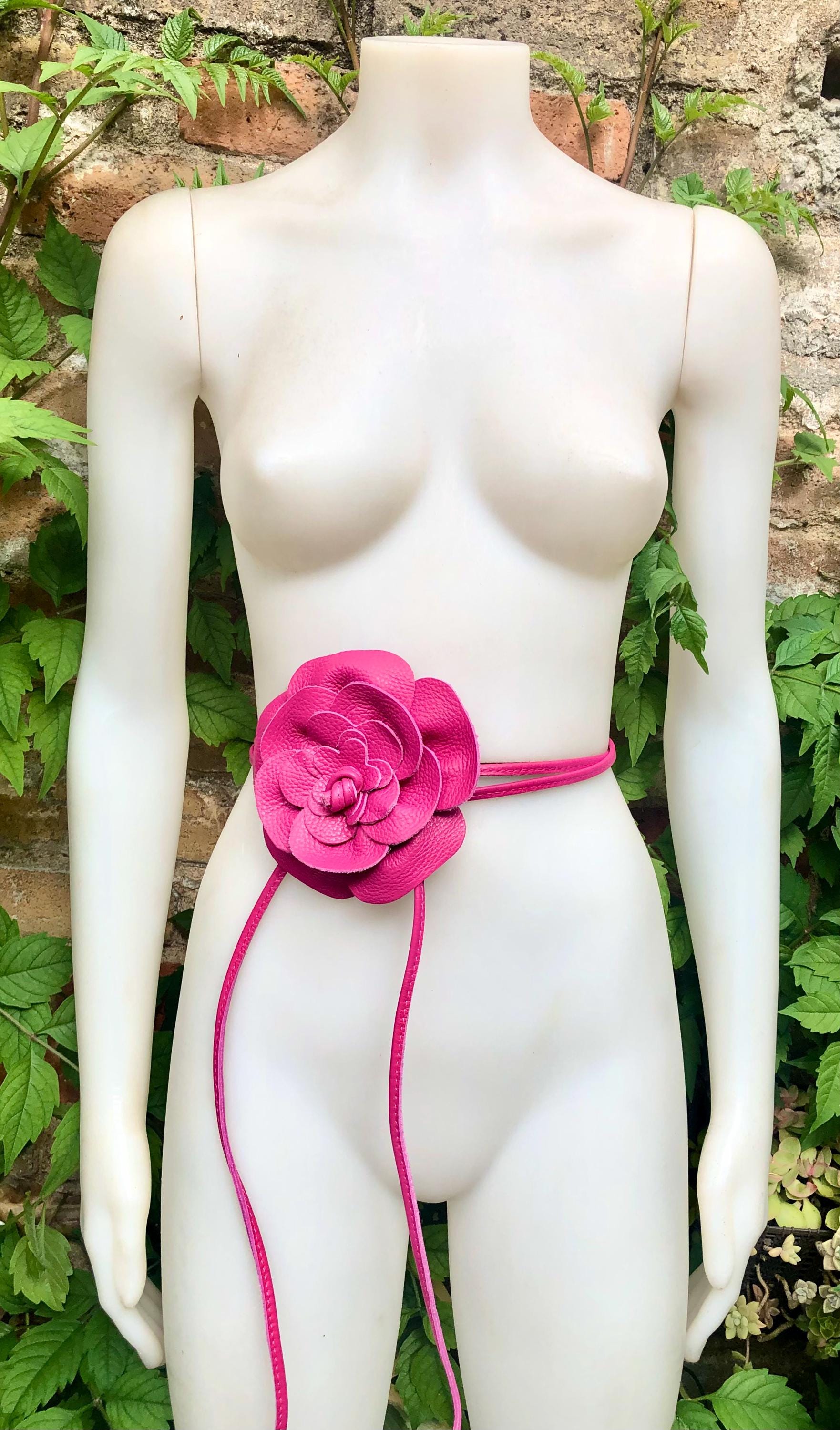 Flower Leather Belt in Hot Pink. Waist, Overall or Dress 