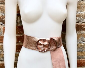 Never worn rose gold thick leather waist belt Handmade Leather Belt: Rose Gold, Round Buckle, Genuine  main image 4