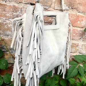 Cream beige crossbody fringed bag. BOHO suede leather bag with FRINGES. Light beige genuine suede leather. Broken white suede purse.