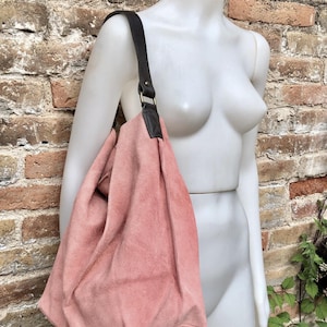 Salmon PINK slouch leather bag, brown leather wide strap. Light pink hobo bag. Soft genuine suede leather shopper. Pink suede purse,