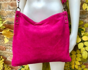 Fuchsia pink suede messenger bag. Soft magenta pink genuine leather crossbody / shoulder bag ..or books, tablets. Hot pink  suede purse