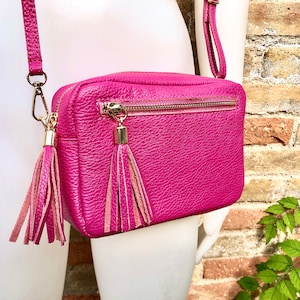 Small hot pink leather bag. GENUINE leather shoulder / cross body bag. Fuchsia pink leather purse with tassels, adjustable strap and zipper