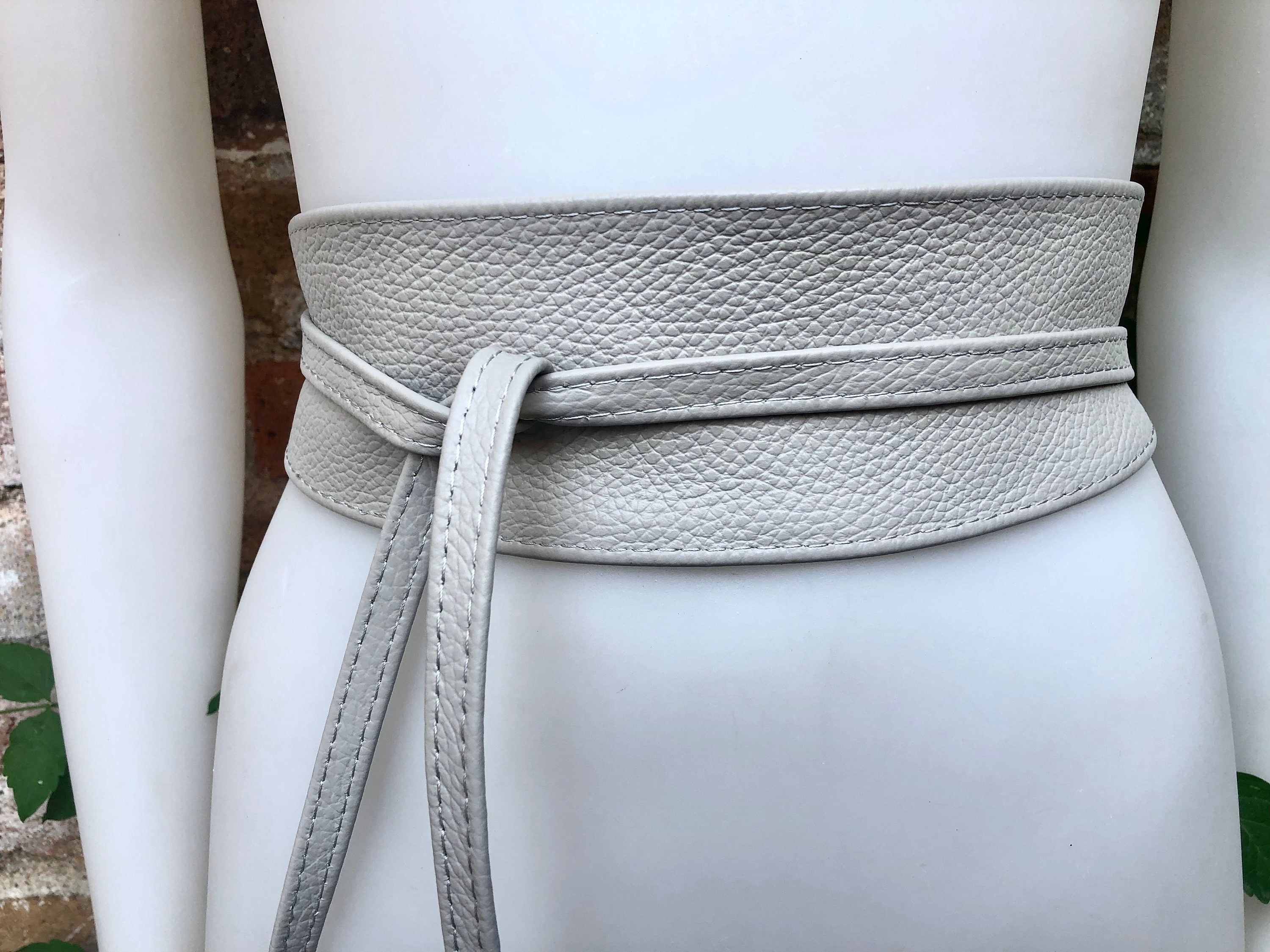 Grey Obi Belt in Soft Leather. Wrap Belt in Light Gray. Wide