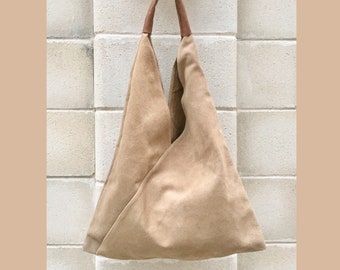 Slouch leather bag in BEIGE . Large shoulder leather bag. Boho bag. Laptop bags in suede. Large suede leather bag. BEIGE suede bag.