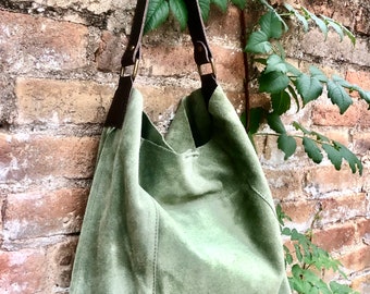 Slouch leather bag in light GREEN. Hobo shoulder bag with brown leather strap. Genuine suede leather book / tablet bags. GREEN suede purse