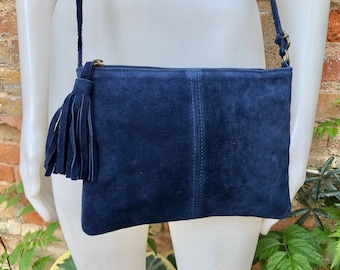 NAVY blue suede bag. Dark blue GENUINE suede leather crossbody bag. Small blue leather bag with adjustable strap + zipper. Navy suede purse