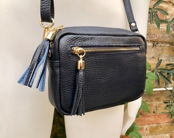 Navy blue  small genuine leather bag. GENUINE leather shoulder / crossbody bag. Blue purse with adjustable strap + zipper. Navy purse