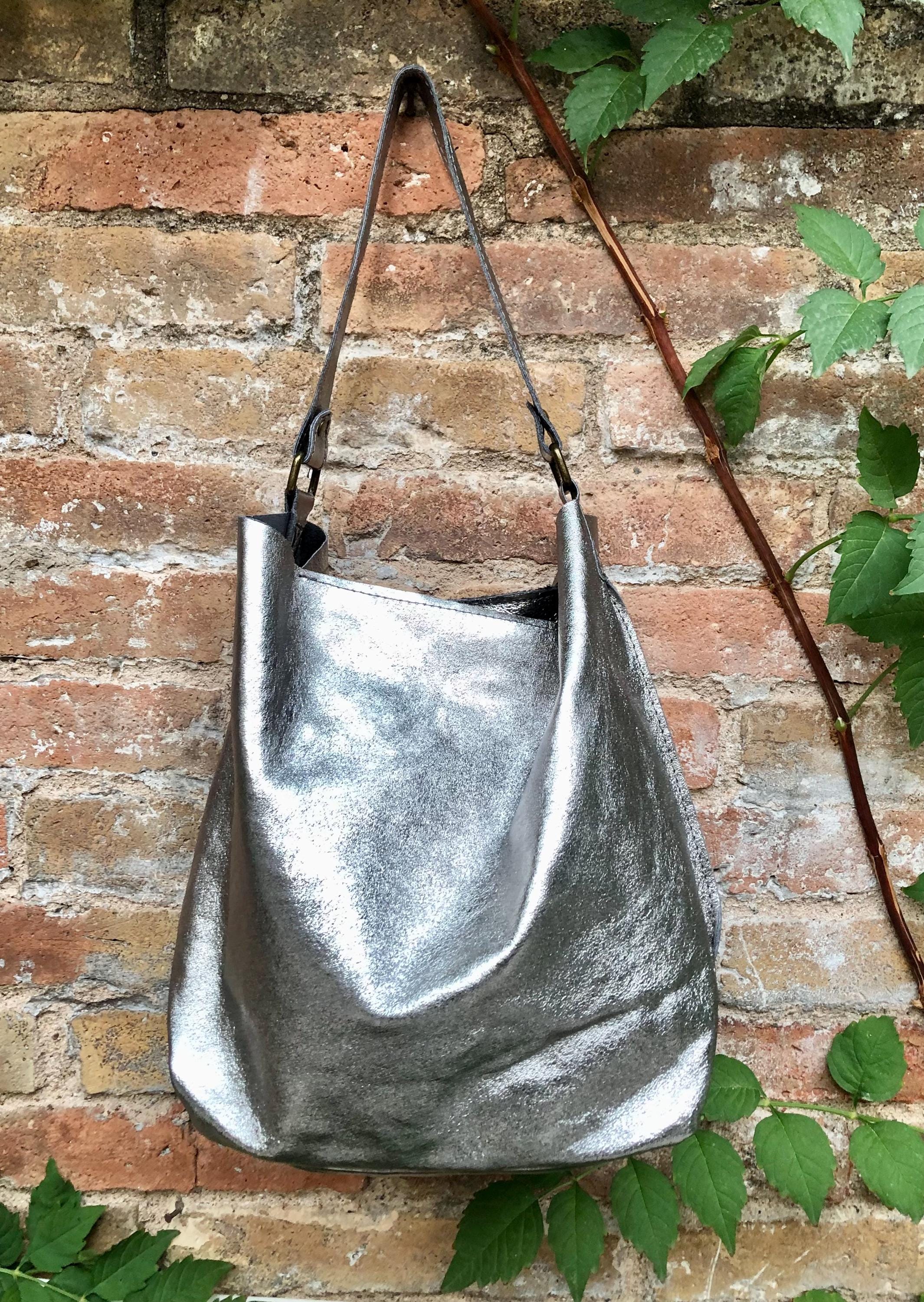 Silver leather hobo bag store