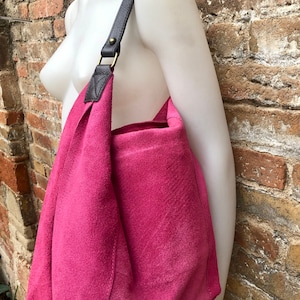 FUCHSIA Slouch leather bag, wide strap. Hot pink hobo bag. Soft genuine suede leather shopper w/accents in brown leather. Book, tablet bag.