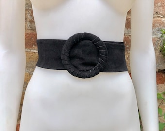 Black suede waist belt with large round buckle. Boho soft suede belt in BLACK  Genuine natural BLACK suede wide belt