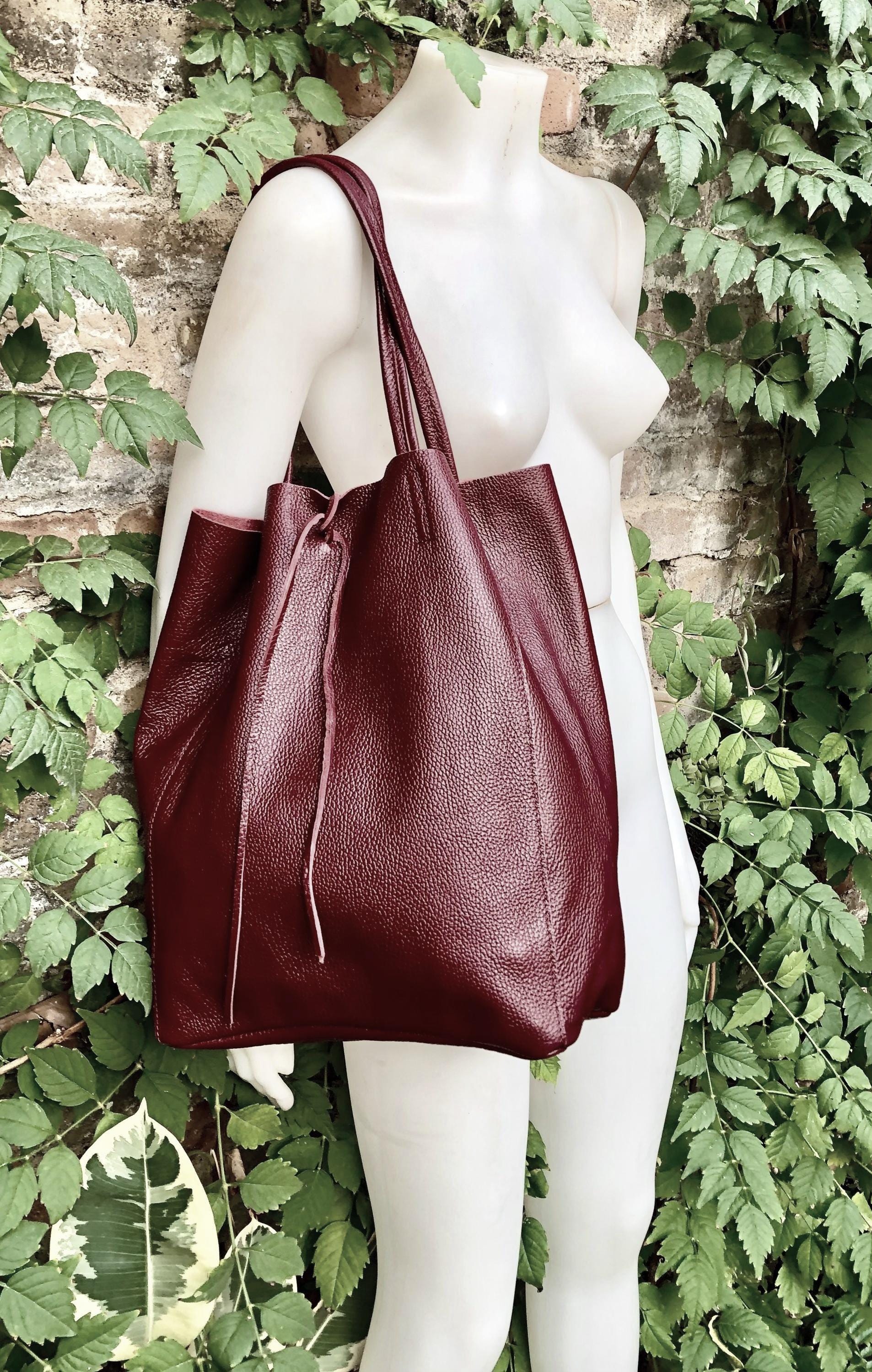 Tote Leather Bag in Dark Burgundy. Maroon Leather Shopper With
