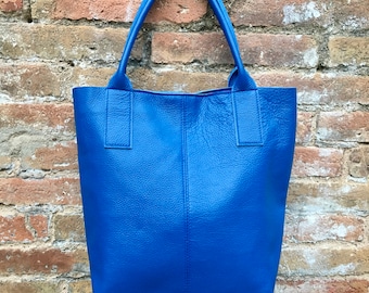 Tote leather bag in COBALT blue. Leather shopper in GENUINE leather. Large carry all bag for your laptop, books.BLUE leather shopper bag