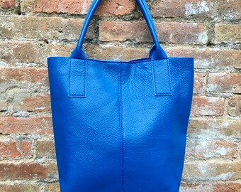 Tote leather bag in COBALT blue. Leather shopper in GENUINE leather. Large carry all bag for your laptop, books.BLUE leather shopper bag