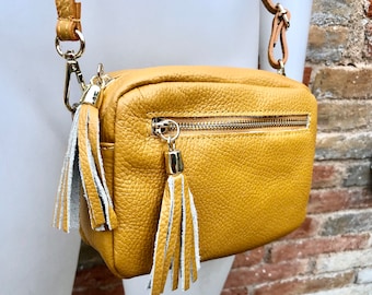 Small leather yellow bag. GENUINE leather shoulder or cross body bag. Mustard yellow leather purse with tassels, adjustable strap and zipper