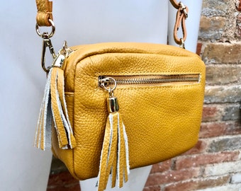 Small leather yellow bag. GENUINE leather shoulder or cross body bag. Mustard yellow leather purse with tassels, adjustable strap and zipper