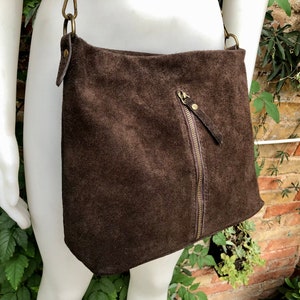 Dark brown suede leather bag. Boho messenger bag. GENUINE LEATHER Cross body or shoulder bag. Brown suede leather purse with zipper