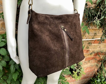 Dark brown suede leather bag. Boho messenger bag. GENUINE LEATHER Cross body or shoulder bag. Brown suede leather purse with zipper