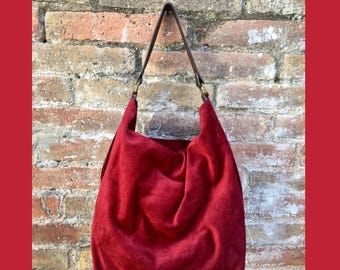 Slouch leather bag in light BURGUNDY. Dark RED hobo  bag. Boho bag.Book or tablet bags in suede. Wine red soft leather shopper