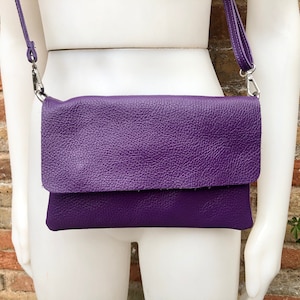 Small leather bag in purple. Crossbody or shoulder bag in GENUINE leather. Purple purse with adjustable strap and zipper underneath the flap