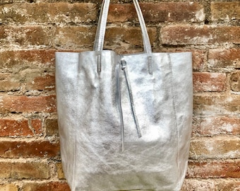 Tote leather bag in SILVER. Leather shopper in natural GENUINE leather. Large carry all bag for your laptop, books. Metallic leather shopper