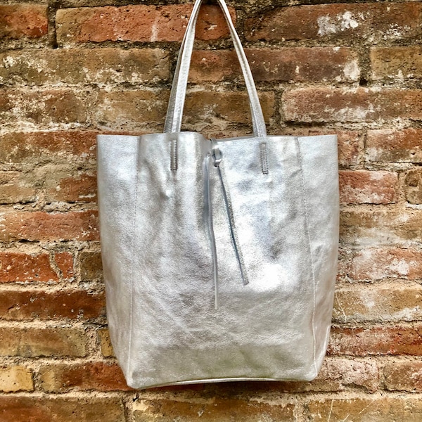 Tote leather bag in SILVER. Leather shopper in natural GENUINE leather. Large carry all bag for your laptop, books. Metallic leather shopper